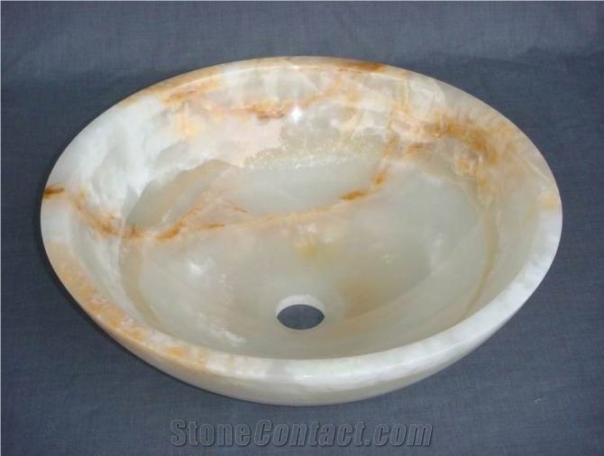 China Popular White Onyx with Yellow Lines/Vein Round Polished Wash Basin/Bowl Sinks for Bathroom, Hotel, Shopping Mall Toilet Decoration,High Popular
