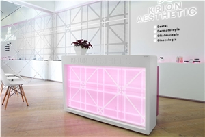 Pure White Quartz Stone Acrylic Reception Desk,Tabletop,Office Counter Top With Pink Lighting Backlit
