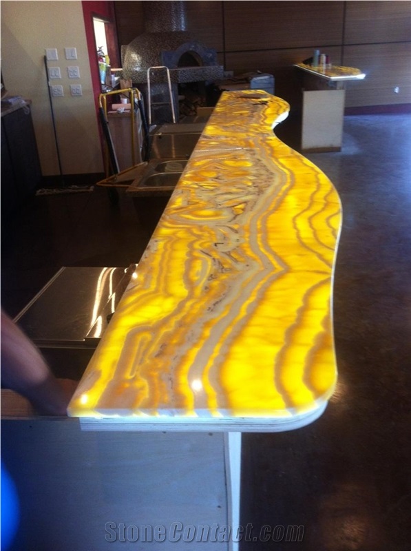 Solid Surface Wooden Vein Onice Onyx Shaped Bar Top,Reception Desk Translucent Interior Furniture Work Top