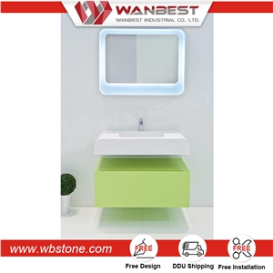 Custom Artificial Stone Wall Hung Bathroom Wash Basin with Cabinet Mirror