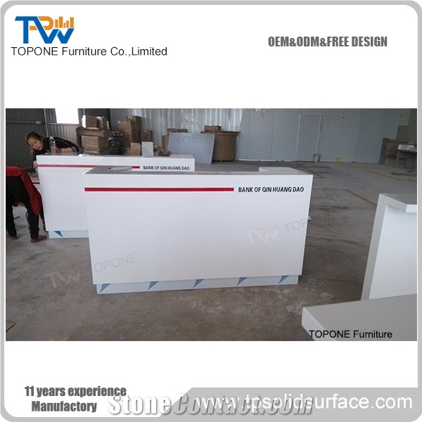Straight White Artificial Marble Stone Bank Reception Counter Tops Design, Factory Direct Cheap Price Interior Stone Acrylic Solid Surface White Straight Bank Front Table Tops Design Bank Furniture