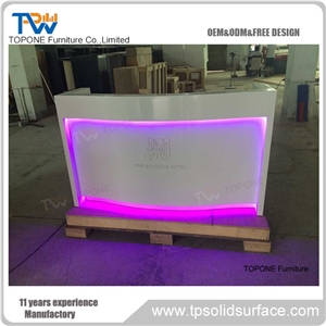 White and Wood Curved Artificial Marble Stone Front Reception Desk Table Tops, Interior Stone Acrylic Solid Surface Curved Reception Table Tops Design, Interior Stone Desk Furniture