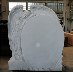 White Marble Angel with Wings Tombstone