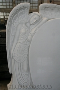 White Marble Angel with Wings Tombstone