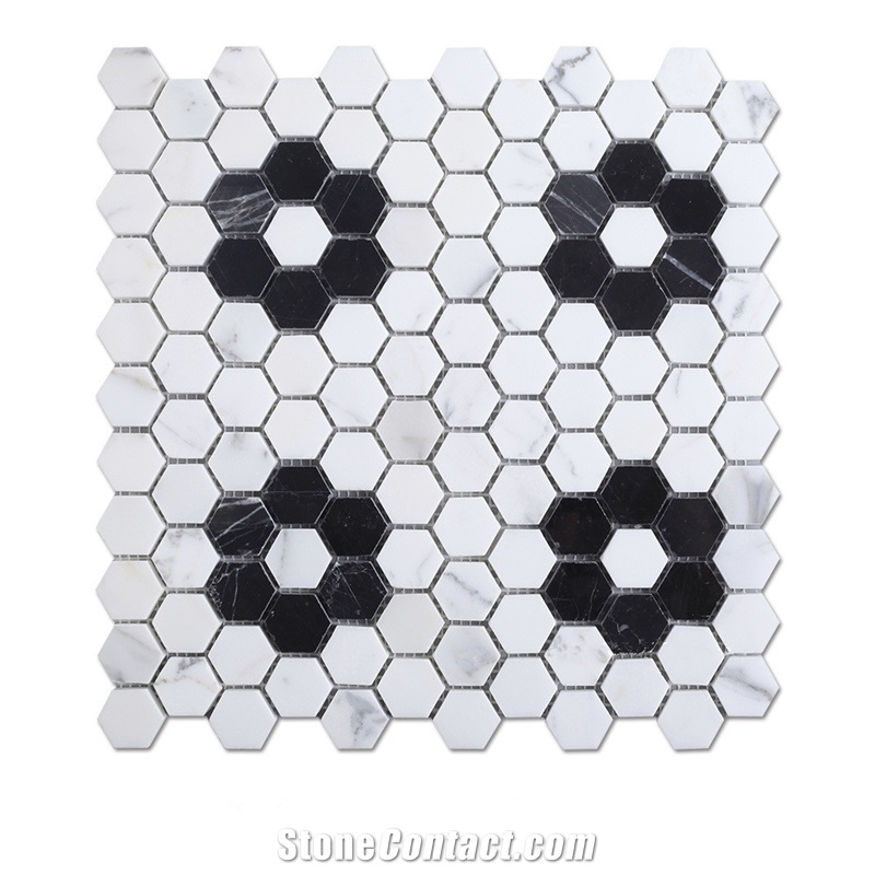 1inch Greece Volakas White Marble with Chinese Nero Marquina Black Hexagon Mosaic Tile ,Nero Marquina Marble Mosaic Tile, Volakas White Marble Mosaic