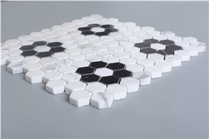 1inch Greece Volakas White Marble with Chinese Nero Marquina Black Hexagon Mosaic Tile ,Nero Marquina Marble Mosaic Tile, Volakas White Marble Mosaic