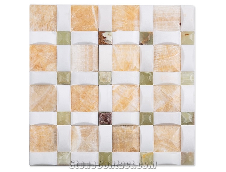3d Design Marble Onyx Mosaic Tile for Backsplash, Honey Onyx ,White and Green Onyx Mosaic