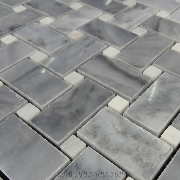 Bardiglio Grey Polished 1x2 Basketweave Bianco Carrara White Dot Mosaic, Italy Grey Mosaic Tile