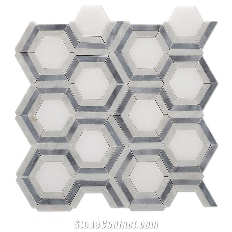Bianco Carrara White Marble Grey and White Mosaic Tiles , Carrara White Hexagon Mosaic Tile, Italy Grey Marble Mosaic Tile