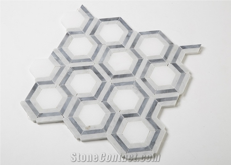 Bianco Carrara White Marble Grey and White Mosaic Tiles , Carrara White Hexagon Mosaic Tile, Italy Grey Marble Mosaic Tile