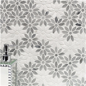 Bianco Carrara White Sun Flower Water Jet Mosaic Backsplash ,Italy Carrara White and Grey Marble Polished Football Pattern Shape Mosaic Tile, Bardiglio Grey and Carrara White Mosaic