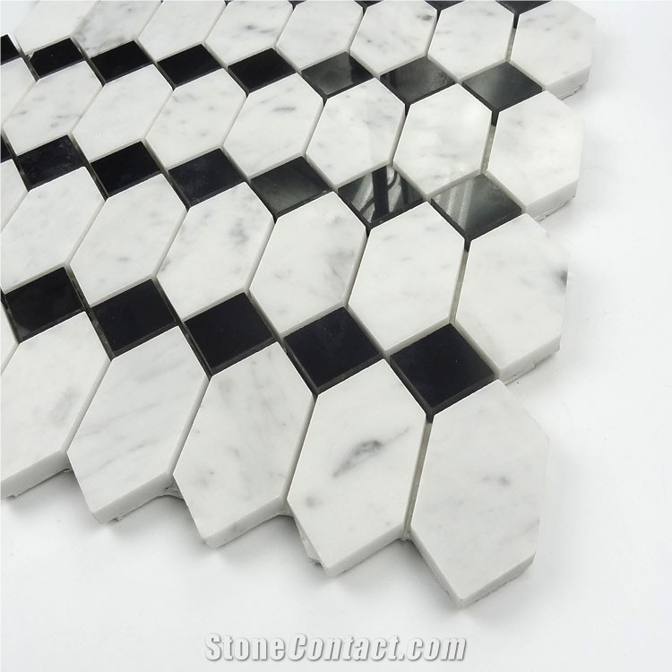 Black and White Carrara Marble Mosaic for Floor, Nero Marquina and Bianco Carrara White Mosaic Tile, Chinese Marquina Mosaic Tile