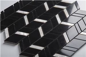 Black and White Nero Marquina Mix Shell Chevron Mosaic Tile ,China Black Marquina