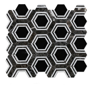 Brown Marble Hexagon Mosaic Tiles, Black Marquina Hexagon Mosaic Tile, Chinese Brown Tini and Thassos White Marble Mosaic Tile