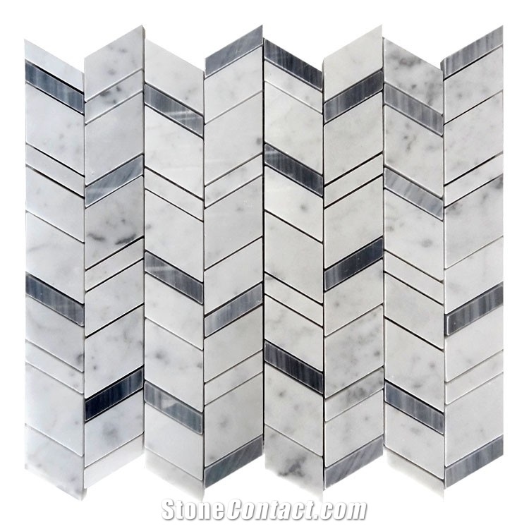 Carrara White and Grey Marble Chevron Mosaic Tile, Bianco Carrara White Mosaic, Italy Grey Brick Mosaic,Bardiglio Grey
