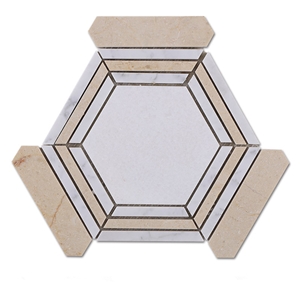 Carrara White Crema Marfil Mix Thassos White Marble Hexagon Mosaic Tile, White Marble Hexagon Mosaic Tile