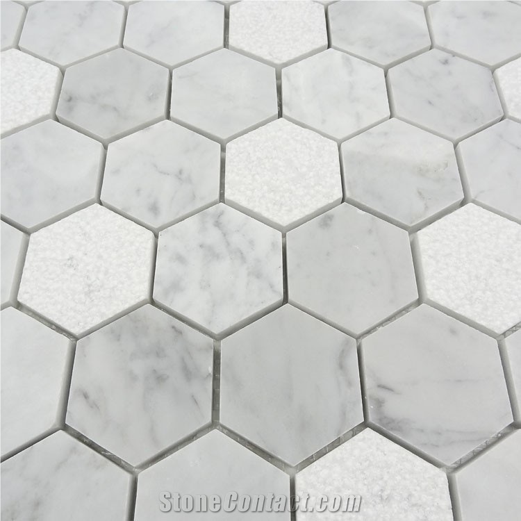 Carrara White Marble Stone Hexagon Mosaic Tile for Floor and Wall,Bianco Carrara Mosaic, Italian White Marble Mosaic, Italian White, Carrara White