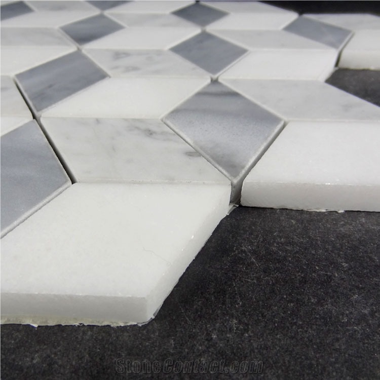 Carrara White Polished Rhombus Hexagon Mosaic Tile, Italy Grey Rhombus Hexagon