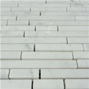 Carrara White Strip Marble Mosaic Wall Tile Price,Carrara (Carrera) Bianco Random Strip Honed Marble Mosaic Tile , Calacatta Gold Bullets Mosaic,White Marble Mix Brick Mosaic ,China White Marble Mosai