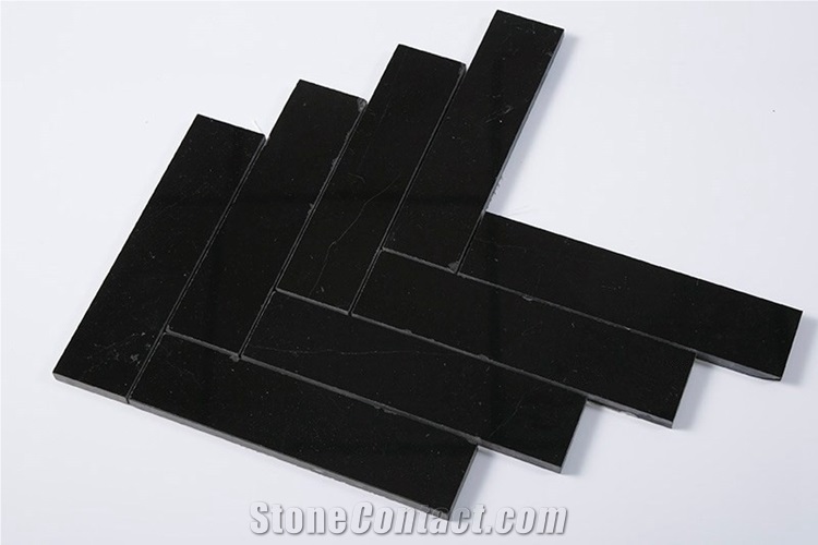 China Black Marble Herringbone Marble Mosaic, Nero Marquina Herringbone Marble Mosaic Tile