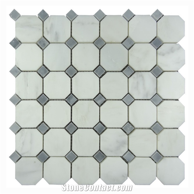 China Factory Oriental White Octagon with Carrara White Dot Tiles Marble Mosaic , Italy Grey Dot