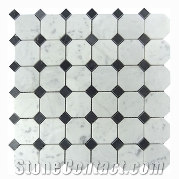 China Factory Oriental White Octagon with Nero Marquina Dot Tiles Marble Mosaic, Carrara White Octagon , Nero Marquina Black