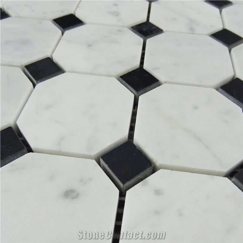 China Factory Oriental White Octagon with Nero Marquina Dot Tiles Marble Mosaic, Carrara White Octagon , Nero Marquina Black