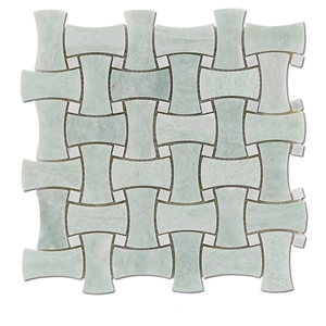 China Ming Green Marble Dogbone Basketweave Mosaic Tiles, Dandong Green and Thassos White Dogbone Basketweave Mosaic