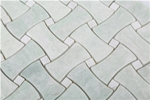 China Ming Green Marble Dogbone Basketweave Mosaic Tiles, Dandong Green and Thassos White Dogbone Basketweave Mosaic