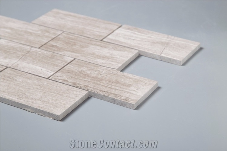 Chinese Wood Grain Grey Marble 3x6 Brick Wall Tile on Mesh , White Oak Subway Marble Mosaic, White Wood Vein, Athen Grey Marble, Grey Wood Vein Marble