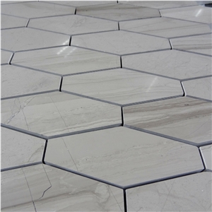 Chinese Wooden Grey Hexagon Marble Floor Mosaic Tile ,White Oak Silver Cream Floor Wall Mosaic,White Oak, White Wood Vein, Athen Grey Marble, Grey Wood Vein Marble