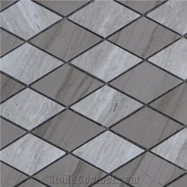Chinese Wooden Grey Rhombus Shaped Mosaic Tile, White Oak Silver Cream Floor Wall Mosaic,White Oak, White Wood Vein, Athen Grey Marble Wood Grain, Grey Wood Vein Marble