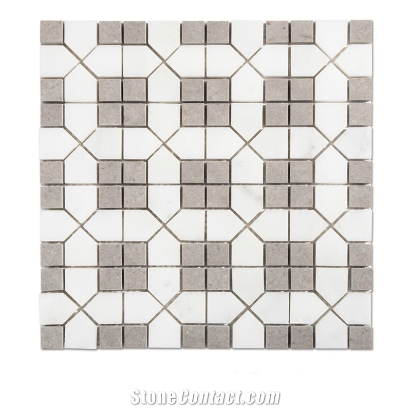 Cinderella Gray Marble Mixed White Marble Square Mosaic Tiles for Backsplash and Floor, Grey Girl with Thassos White Marble Mosaic, Sevic White and Grey Marble Mosaic