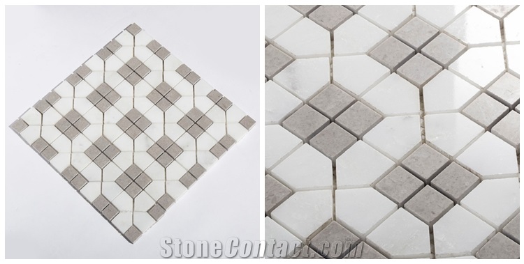 Cinderella Gray Marble Mixed White Marble Square Mosaic Tiles for Backsplash and Floor, Grey Girl with Thassos White Marble Mosaic, Sevic White and Grey Marble Mosaic