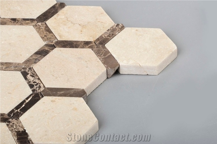 Cream Marfil Hexagon Kitchen Backsplash Mosaic Tiles , Beige Marble Hexagon Mosaic Tile, Marron Dark Mosaic Tile , Dark Emperador Marble Mosaic Tile