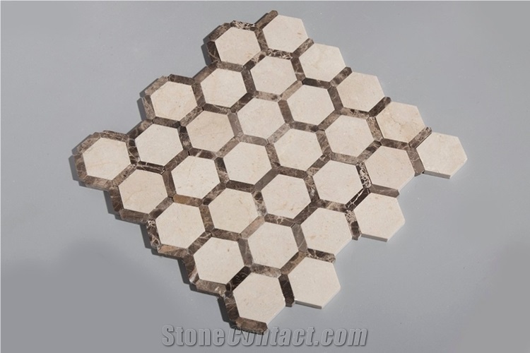 Cream Marfil Hexagon Kitchen Backsplash Mosaic Tiles , Beige Marble Hexagon Mosaic Tile, Marron Dark Mosaic Tile , Dark Emperador Marble Mosaic Tile