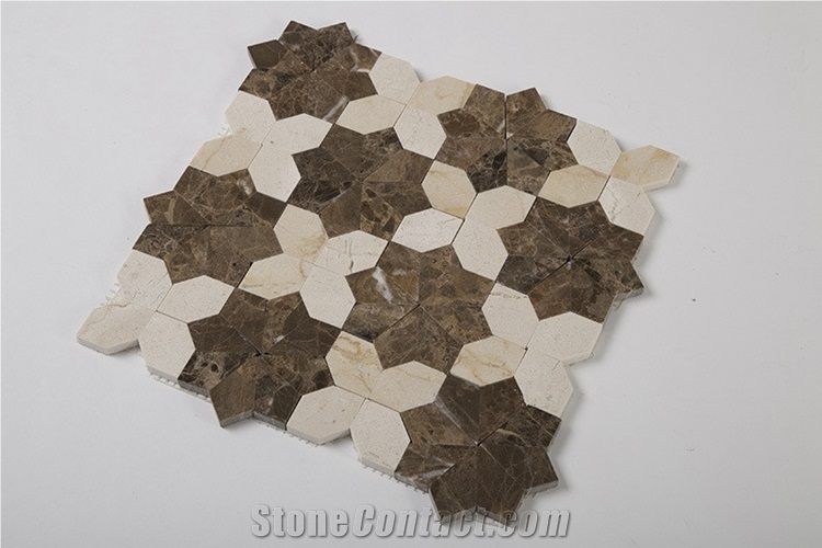 Crema Marfil and Emperador Dark Marble Mosaic Flower Pattern, New Design Marron Dark and Crema Marfil Mosaic Tile