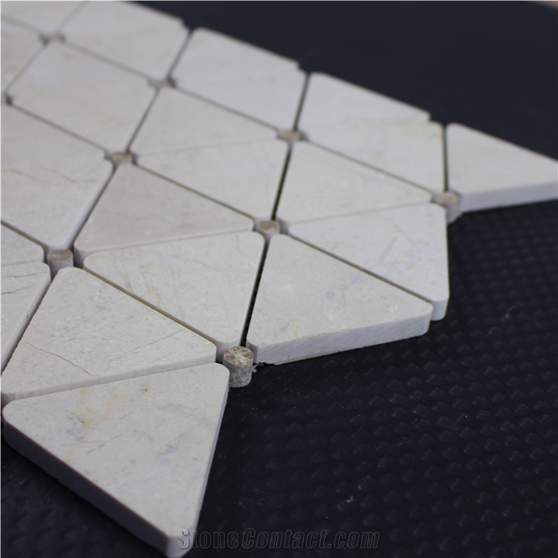 Crema Marfil Triangle Mosaic Polished Brown Dots Floor Wall Tile, Spanish Beige Marble Mosaic,Spanish Crema Marfil Marble Mosaic Tile ,Emperador Light Mosaic, Brown Marron Mosaic