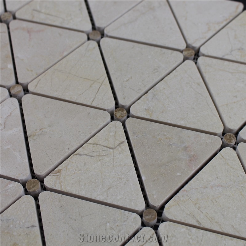 Crema Marfil Triangle Mosaic Polished Brown Dots Floor Wall Tile, Spanish Beige Marble Mosaic,Spanish Crema Marfil Marble Mosaic Tile ,Emperador Light Mosaic, Brown Marron Mosaic