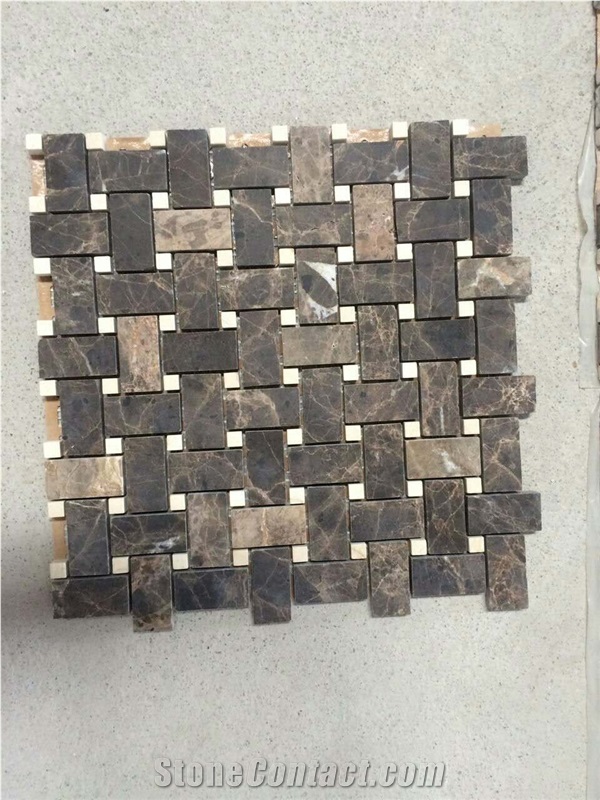 Dark Emperador Basketweave with Crema Marfil Dot Honed Mosaic at Special Price in Limited Quantity