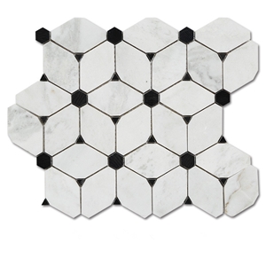 Eastern White Marble Long Octagon Mosaic Tiles, Chinese White Long Octagon Shaped with Black Marquina Dot Marble Mosaic