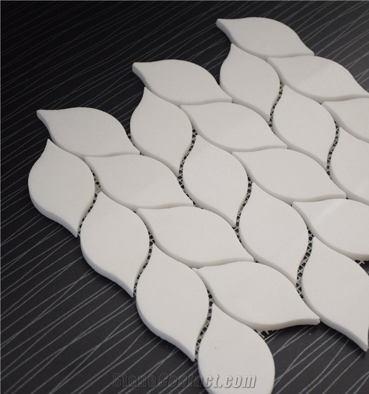 Greece Thassos White Leaf Shaped Water Jet Marble Mosaic Tile, Crystal White Marble Mosaic, Pure White Marble Mosaic Tile