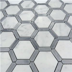 Italy Bianco Carrara White Marble Stone Hexagonal Mosaic Tile,Bardiglio Grey Carrara White Hexagon Mosaic , Italy Grey and White Marble