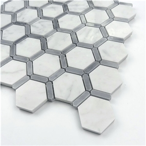 Italy Bianco Carrara White Marble Stone Hexagonal Mosaic Tile,Bardiglio Grey Carrara White Hexagon Mosaic , Italy Grey and White Marble