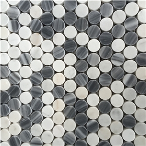 Italy Grey and White Penny Round Mosaic Tile, Bardiglio Grey and Carrara White Penny Round Mosaic, Bianco Carrara
