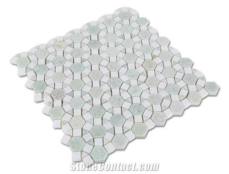 Ming Green Marble and Thassos White Flower Pattern Mosaic Tiles , New Design White Marble Mosaic