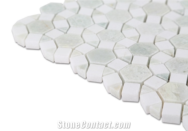 Ming Green Marble and Thassos White Flower Pattern Mosaic Tiles , New Design White Marble Mosaic