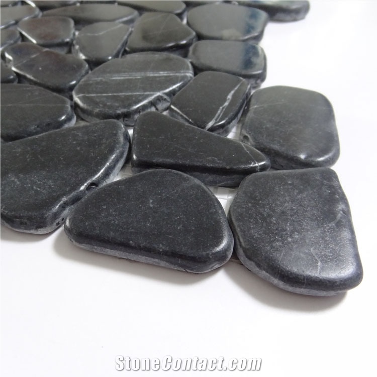 Nero Marquina Pebbles Flat Sliced Finish Mesh Mosaic,Nature Stone Chinese Black Marquina Marble Tumbled Pebble Tile on Mesh ,China Black Marquina