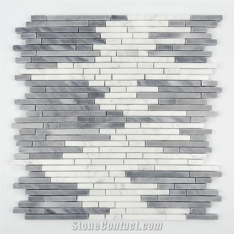 Polished Grey and White Random Strip Marble Mosaics,Bianco Carrara and Bardiglio Grey Linear Strips Mosaic, Italy Grey Brick Mosaic Tile,Carrara Mosaic,Oriental White Liner Strip