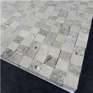 Small Square Fan Marble Mix Color Travertine Mix Stone Mosaic Tile, Crema Marfil +Travertine Splitface Small Brick Marble Mosaic Tile